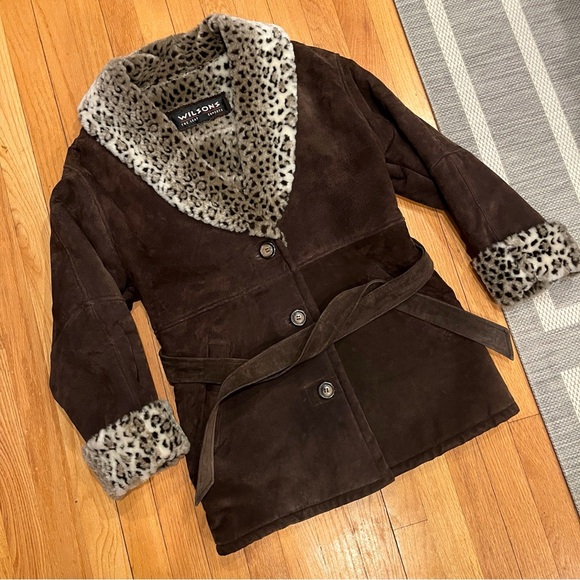 Vintage Wilsons Suede Leather Vegan Leopard Fur Penny Waist Tie Coat Small - Picture 3 of 9